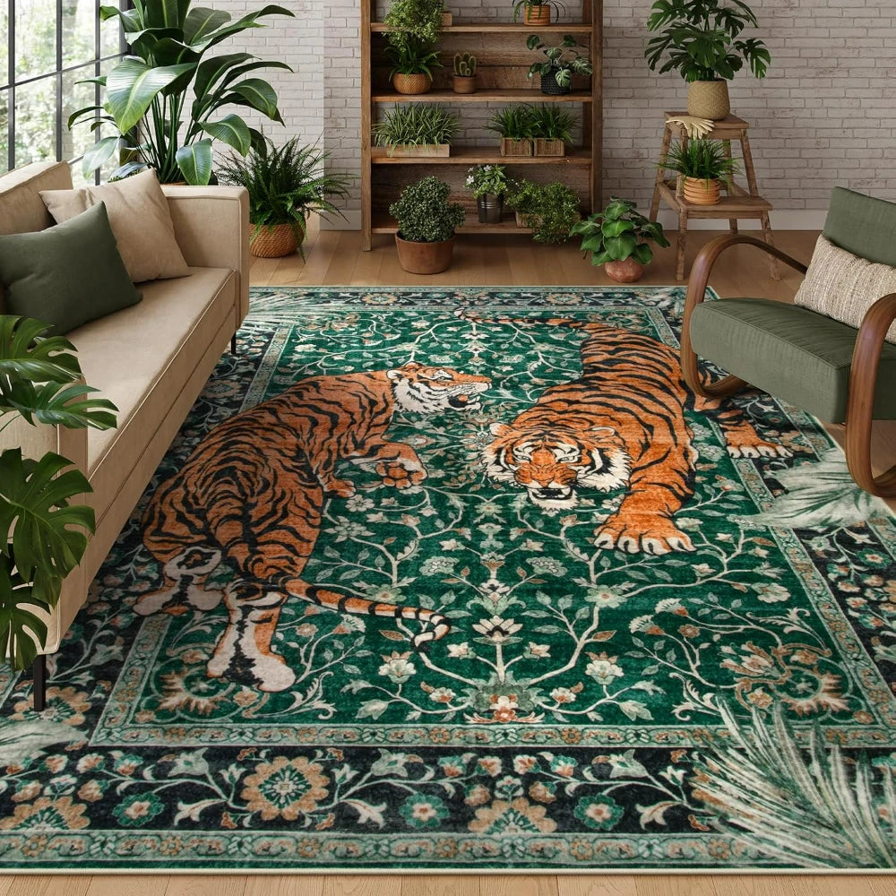 A green area rug featuring a detailed jungle tiger print on a light wood floor.