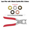 A set of pliers with 100 eyelets in five colors, including a red-handled plier.