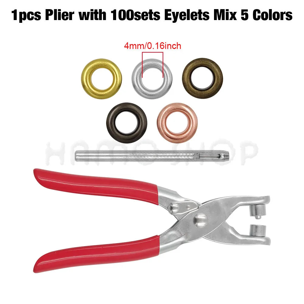 A set of pliers with 100 eyelets in five colors, including a red-handled plier.