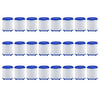 A row of twelve white and blue rotating kitchen faucet water filters with splash guards.