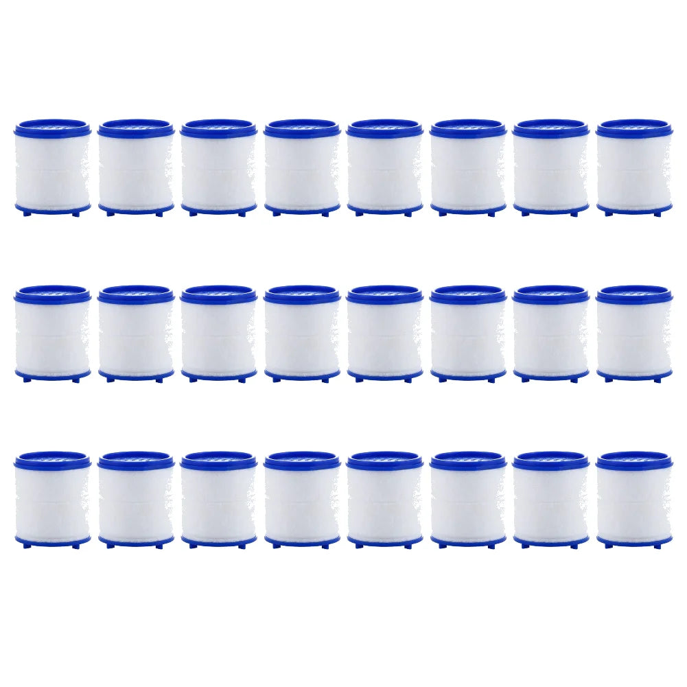 A row of twelve white and blue rotating kitchen faucet water filters with splash guards.