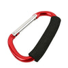 Red and black heavy-duty aluminum stroller hooks with a comfort grip.
