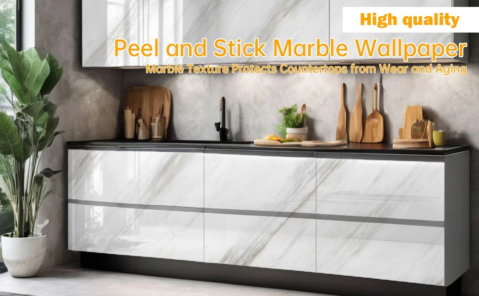 White marble texture wallpaper protecting kitchen countertops and surfaces