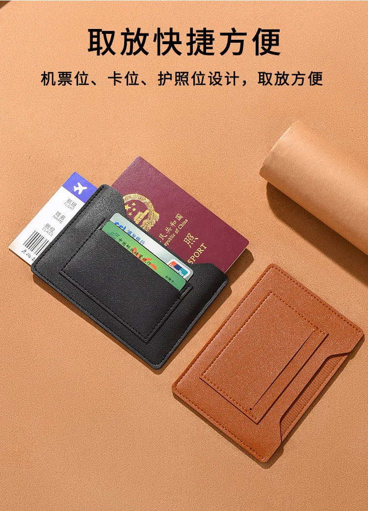 A brown leather passport holder displaying various cards and documents on a beige background.