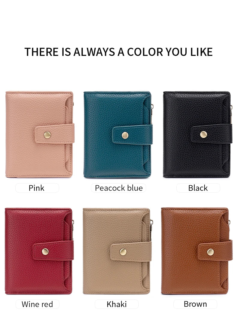 A collection of eight compact RFID-blocking bi-fold wallets in various colors including pink, peacock blue, black, wine red, 