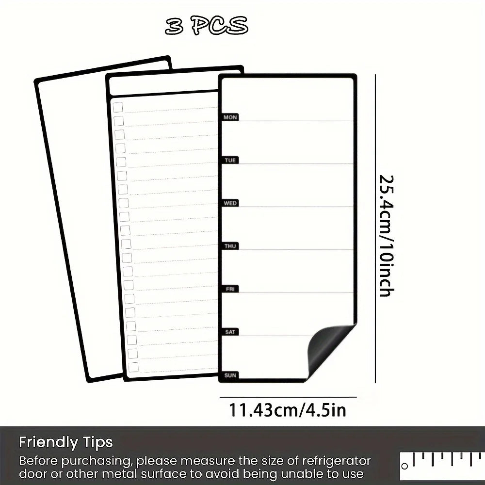 Three sheets of magnetic dry erase board paper showing a weekly calendar layout.
