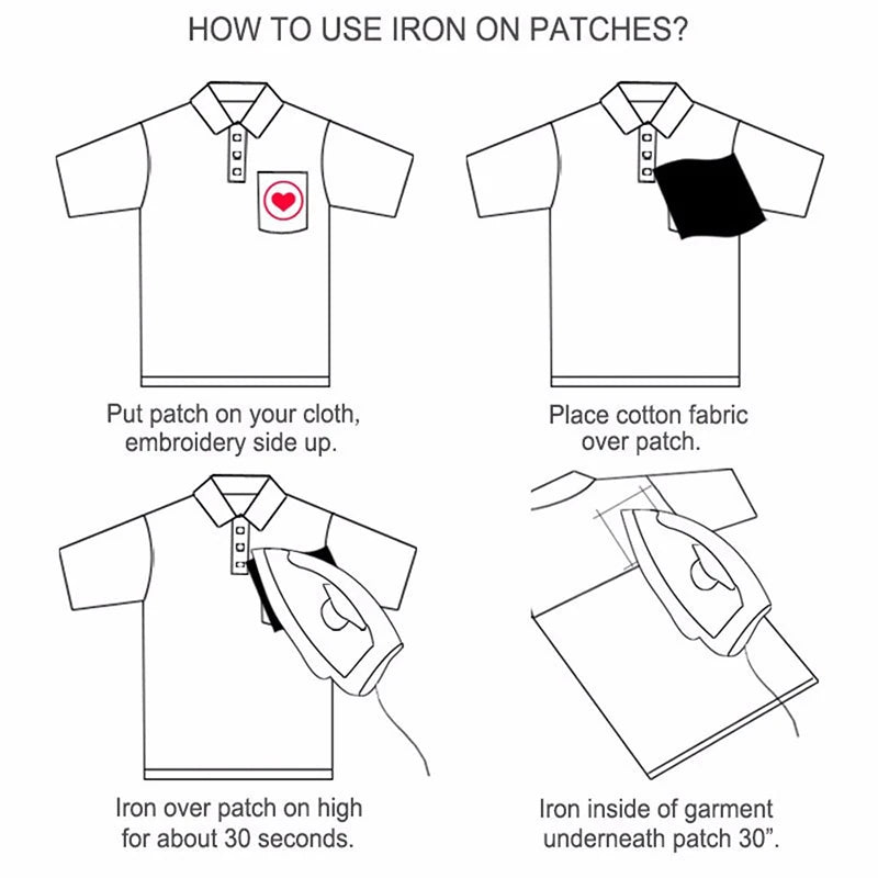 Instructions showing how to use an iron on patches by placing cotton fabric over the patch and ironing for 30 seconds.