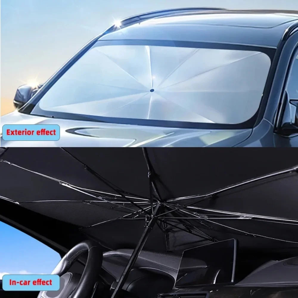 Exterior and in-car effects of a foldable windshield sunshade for car interior protection