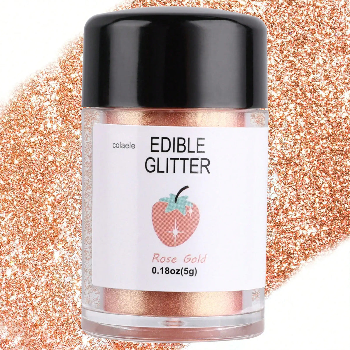 A glass jar of edible glitter powder in rose gold color surrounded by loose rose gold glitter.