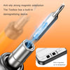 A silver electric screwdriver with a built-in demagnetizing device is shown next to an accessory box.