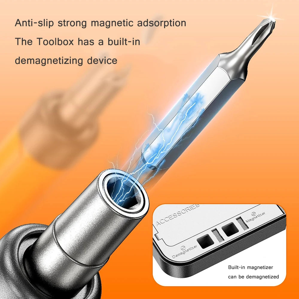 A silver electric screwdriver with a built-in demagnetizing device is shown next to an accessory box.