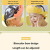 Yellow silicone bath shield cap for baby's ears and head with adjustable length and buckle
