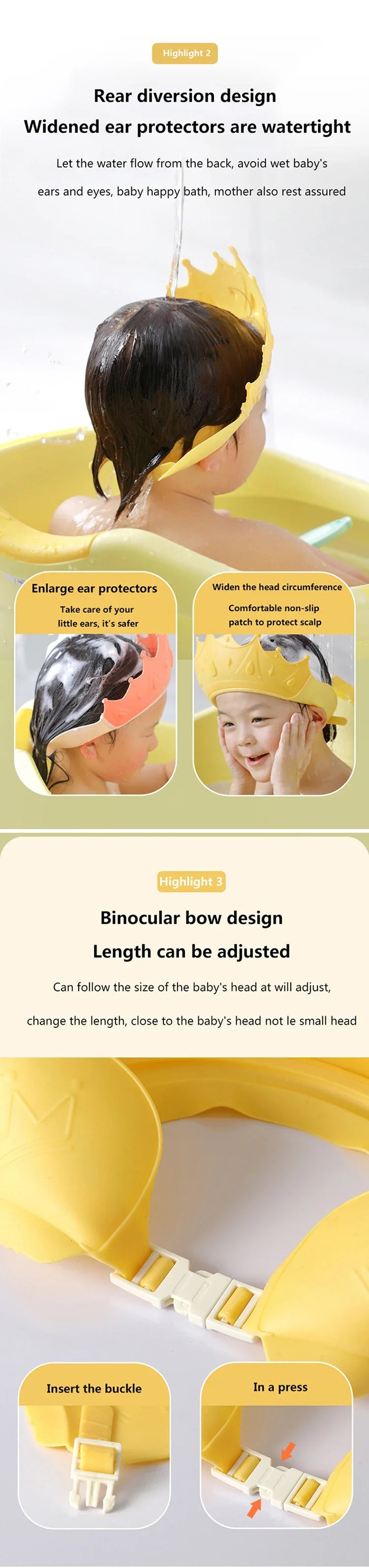 Yellow silicone bath shield cap for baby's ears and head with adjustable length and buckle