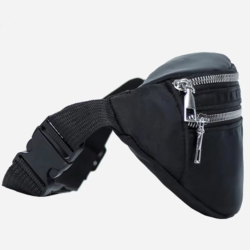 Black nylon waist pack with a silver zipper and adjustable strap.