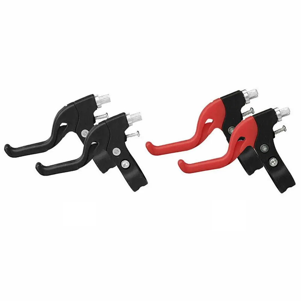 A pair of black and red universal bike V-brake levers with ergonomic grips.