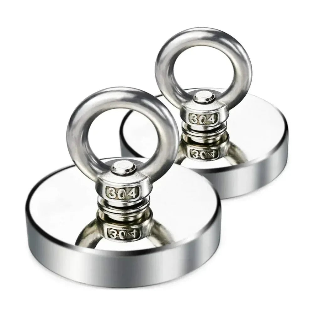 Silberner, robuster Neodym-Haken zum Angeln mit runder Basis und Schlaufe.