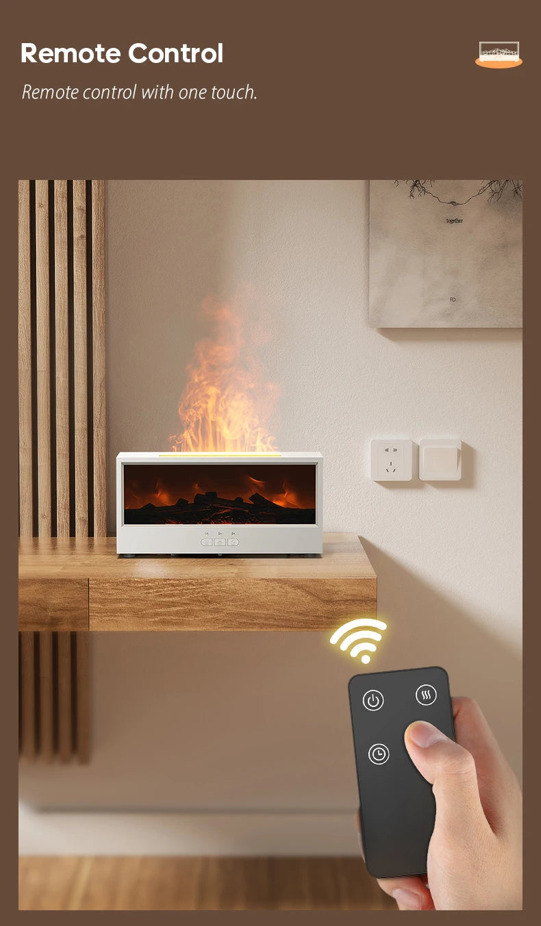 A hand holds a remote control near a modern fireplace with an open fire and LED ambiance.