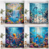 Ocean life shower curtain featuring colorful marine life including dolphins, sea turtles, and vibrant coral in a tropical und
