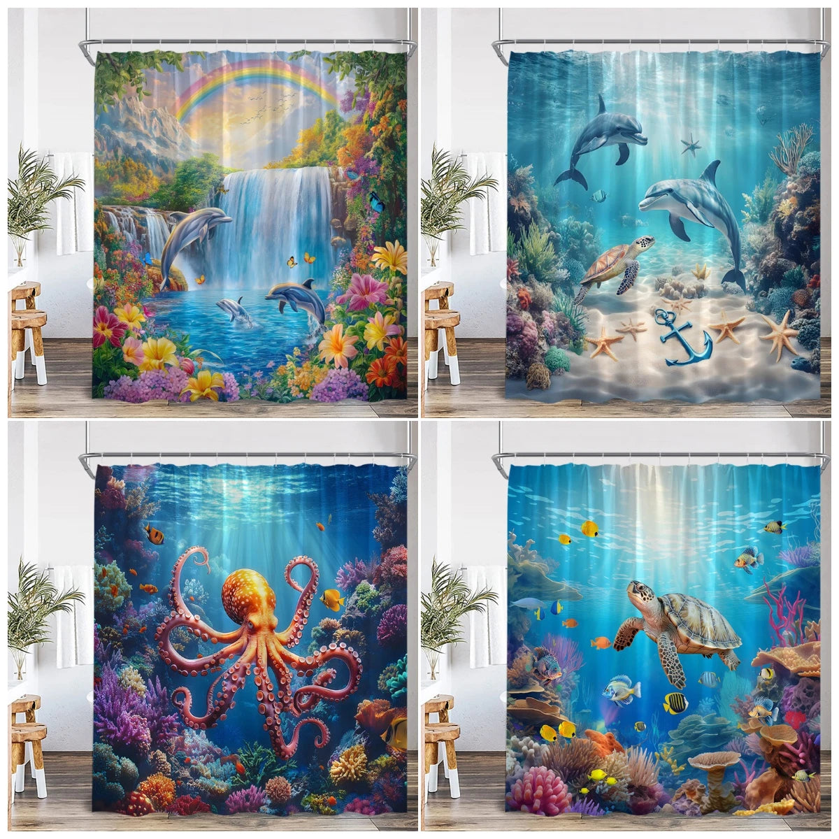 Ocean life shower curtain featuring colorful marine life including dolphins, sea turtles, and vibrant coral in a tropical und