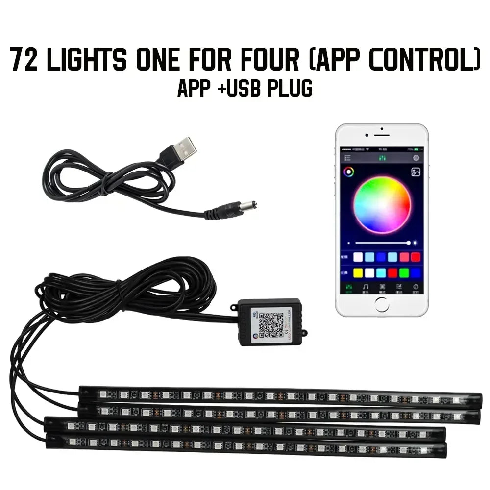 A set of 72 lights for a car underglow strip, including an app control and USB plug.