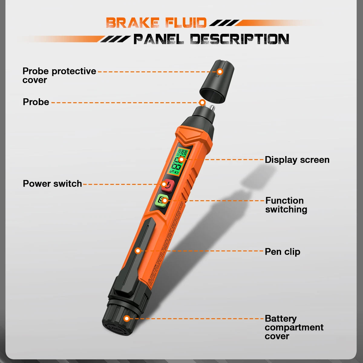 An orange digital brake fluid tester tool showing various components like the probe, display screen, power switch, and batter