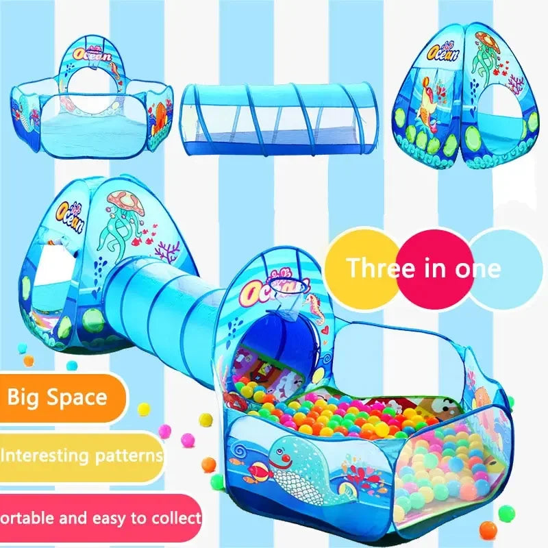 A colorful 3-in-1 foldable kids play tent featuring a tunnel and ball pit for children.