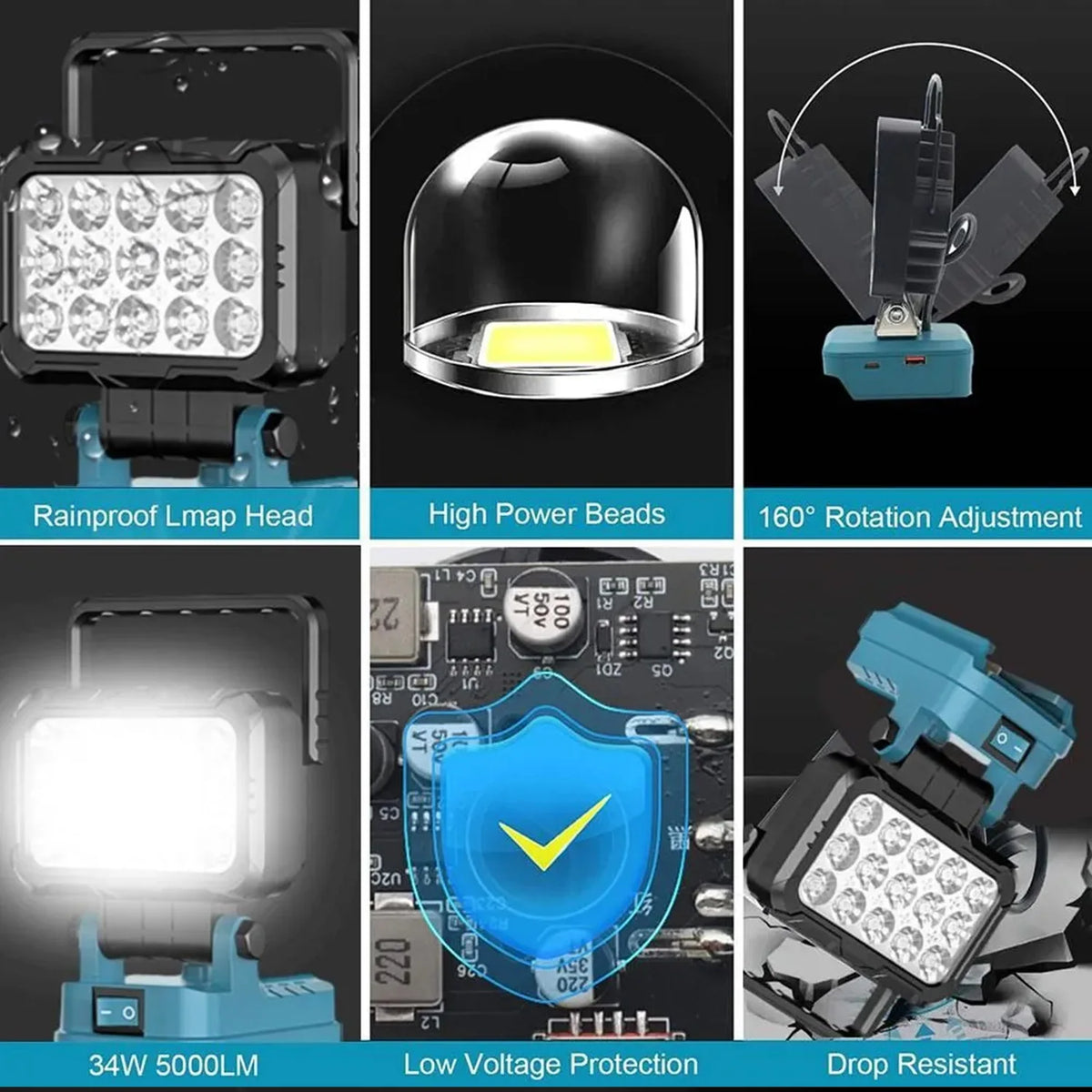 Portable LED work light featuring waterproof head, high power beads, low voltage protection, and drop resistance.
