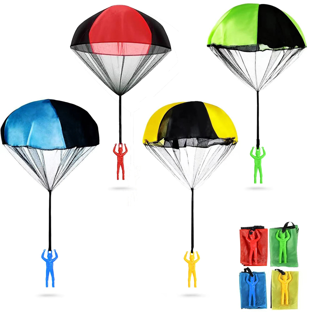 A collection of colorful hand-thrown parachute toys in various colors including red, blue, yellow, and green.
