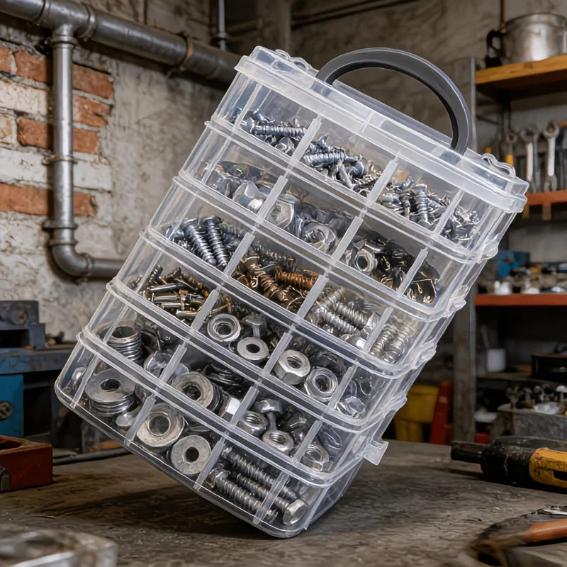 A clear plastic storage organizer filled with various metal hardware and small parts on a wooden workbench.