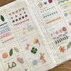 A close-up of a hand embroidery pattern guide showing various stitches like cross stitch, knot, seed stitch, and satin stitch