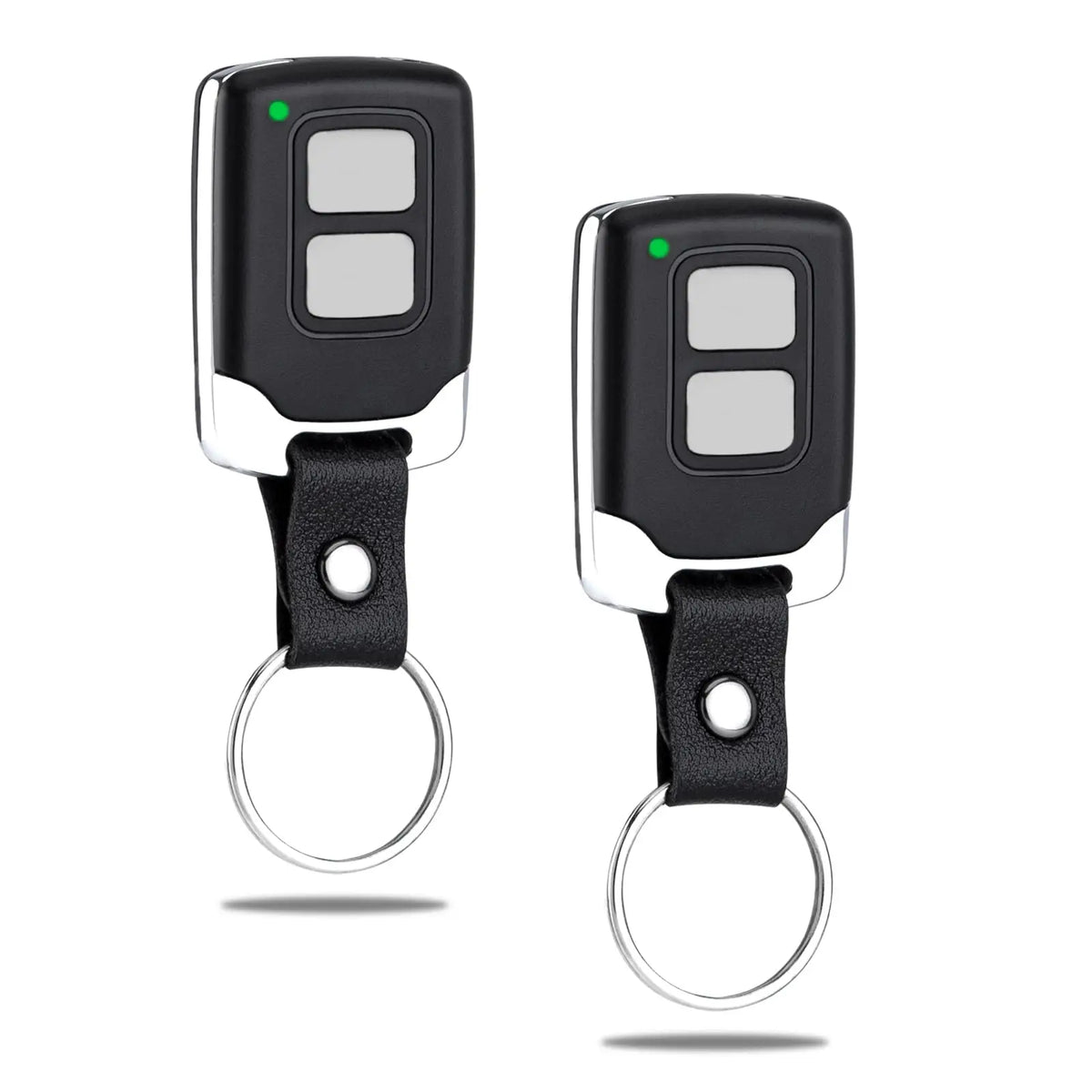 A black universal keychain remote for garage door openers, featuring a liftmaster and craftsman design.