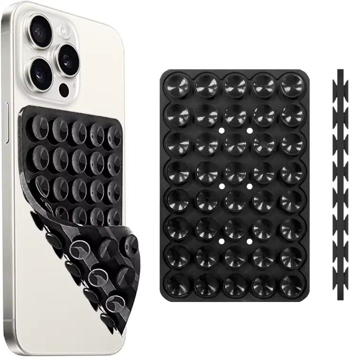 A silver smartphone case and a black suction cup mount with multiple holes for hands-free mounting.