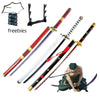 A collection of cosplay swords, including a 41-inch katana replica and various other bladed weapons.