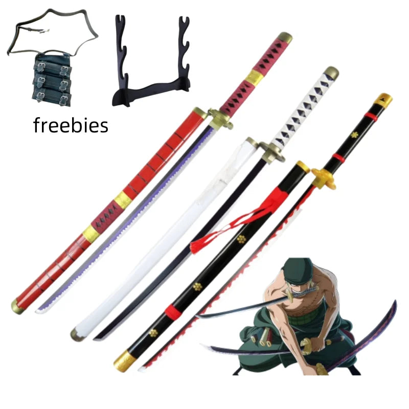 A collection of cosplay swords, including a 41-inch katana replica and various other bladed weapons.