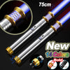 A close-up view of an RGB metal lightsaber with a silver shaft and gold accents, showing various color options.