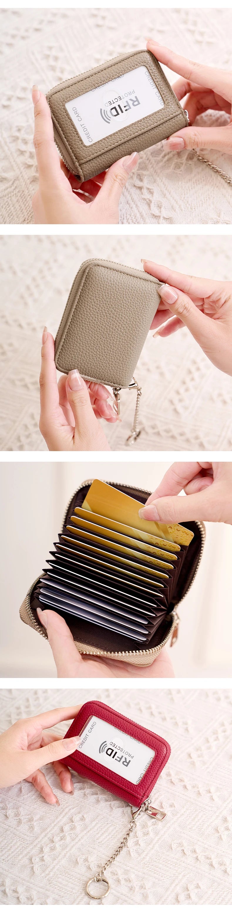 A close-up of a brown accordion wallet with a protective RFID shield being held by a hand.