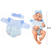 A baby doll outfit set featuring a light blue bow, top, and diaper cover for a newborn doll.