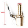 A brass tire inflator chuck with a quick-connect clip and a measuring scale showing 40mm and 6mm dimensions.