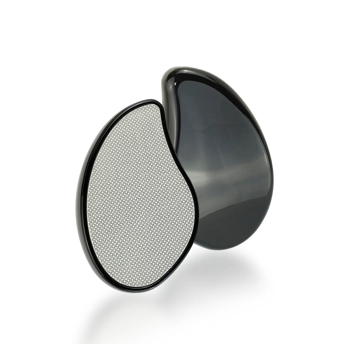 A black, teardrop-shaped hair remover with a textured silver surface is shown against a white background.