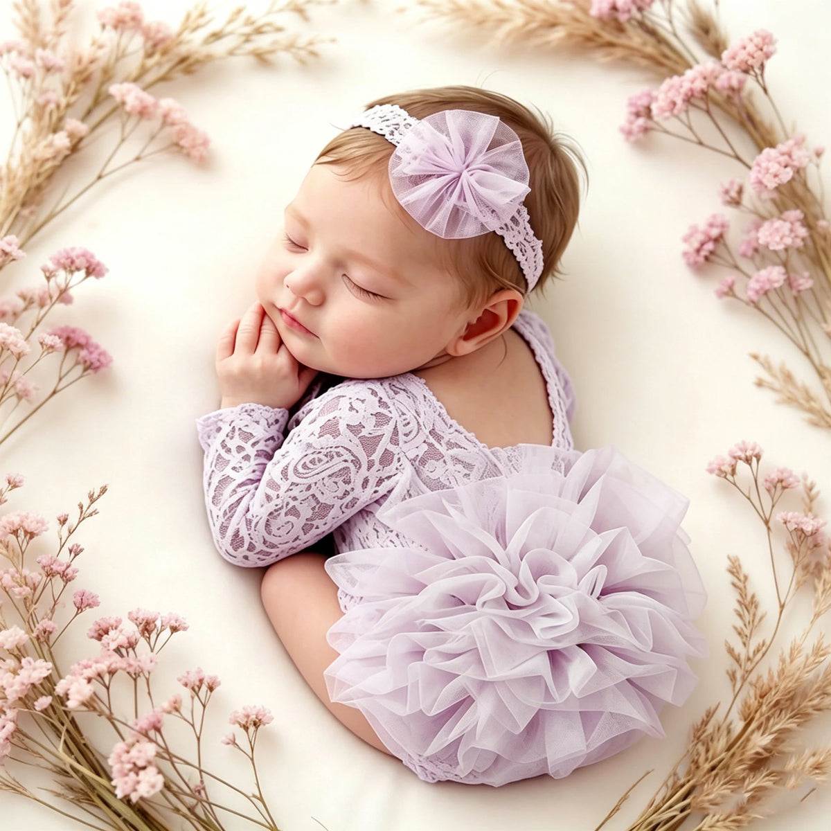 A newborn baby wearing a lavender lace romper and matching headband, surrounded by dried pink floral branches.