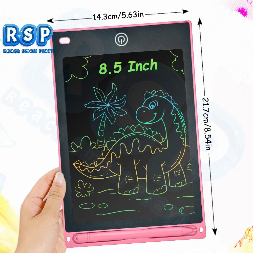 A pink 8.5 inch LCD writing tablet for kids showing a dinosaur drawing on the screen.