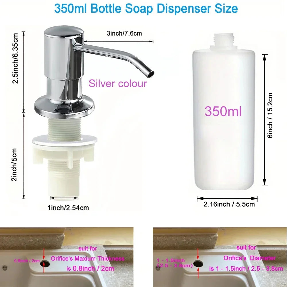Silver stainless steel pump liquid soap dispenser bottle with a 350ml capacity and pump mechanism.