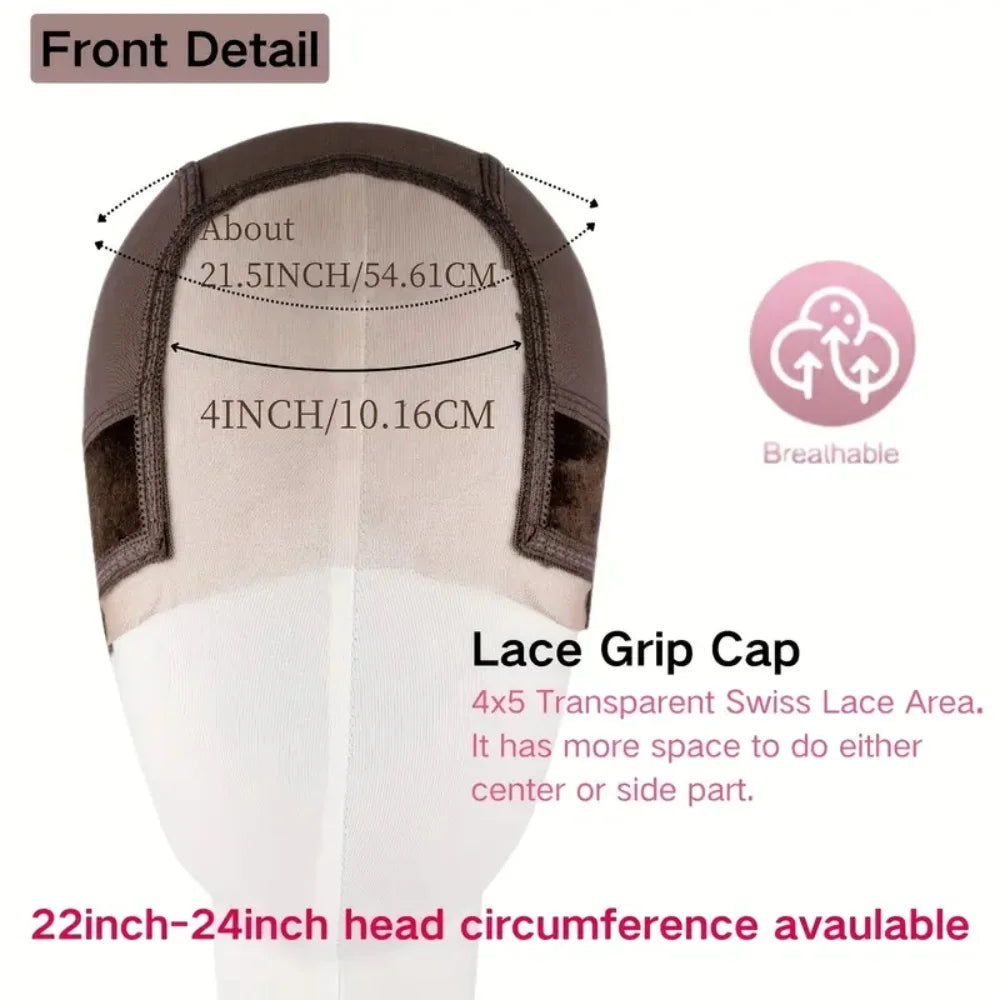 Front detail of a wig grip cap showing measurements and breathable material