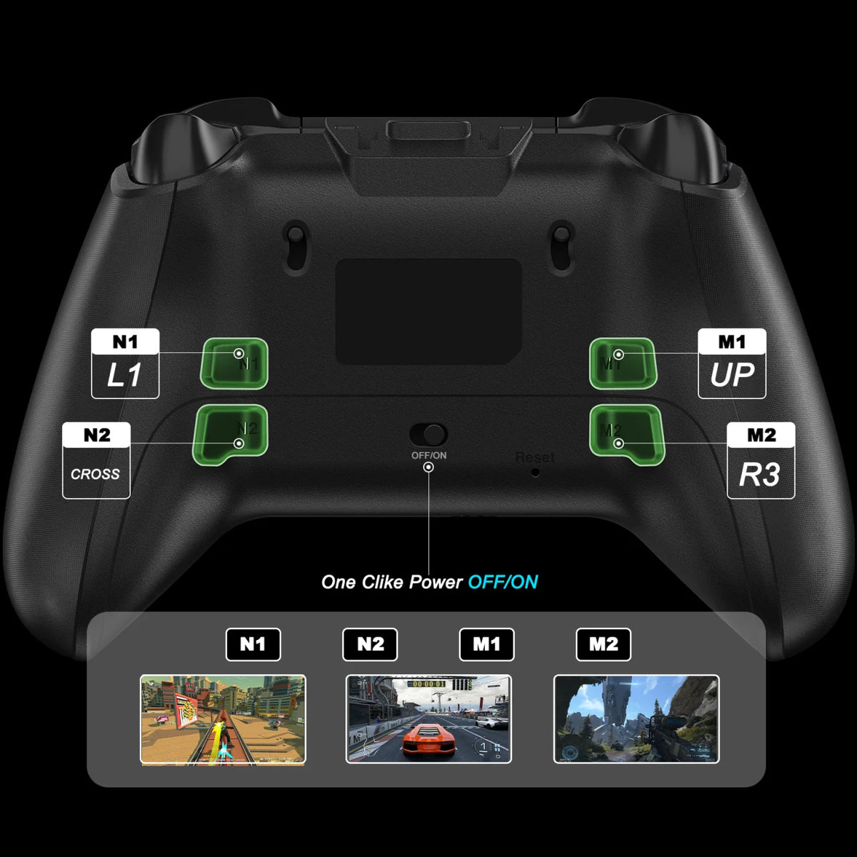 Schwarzer Ferrox M5 kabelloser Gaming-Controller mit verschiedenen Tasten und Menüoberfläche.