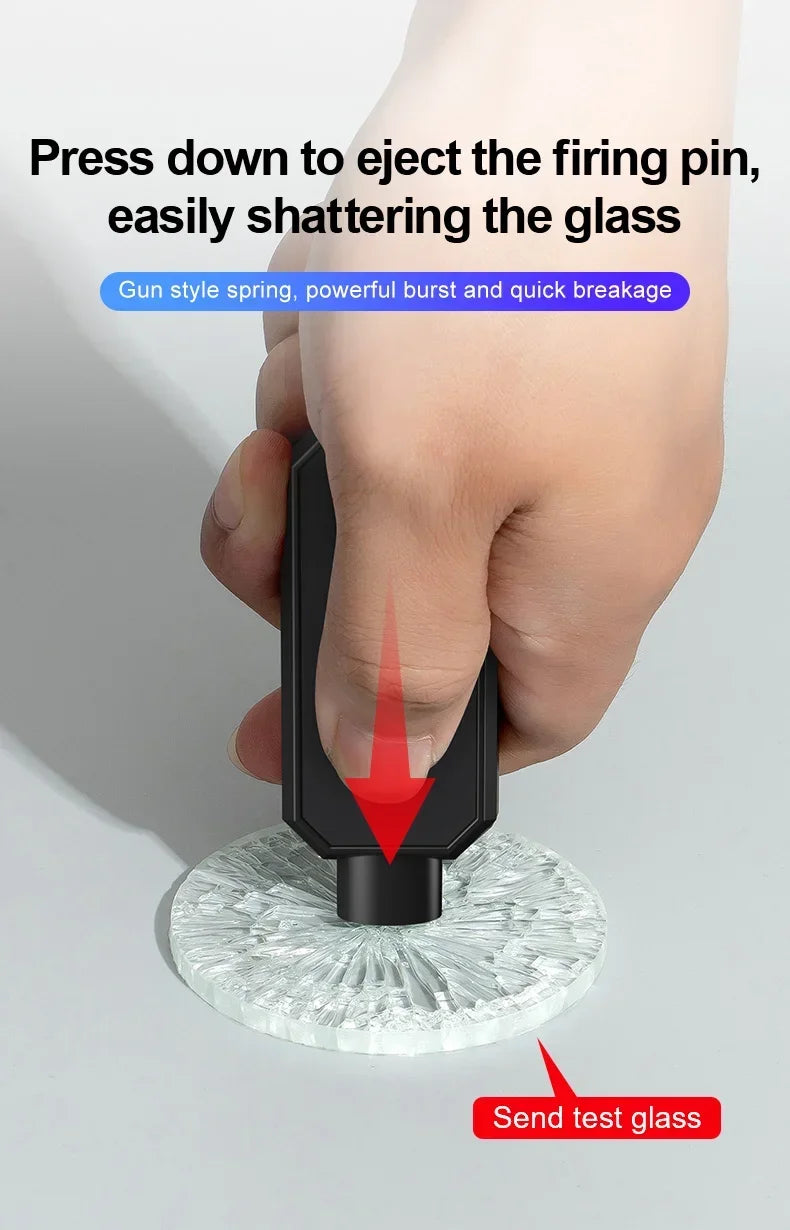 A hand presses a black firing pin into a piece of glass to shatter it, demonstrating the emergency car safety hammer's functi