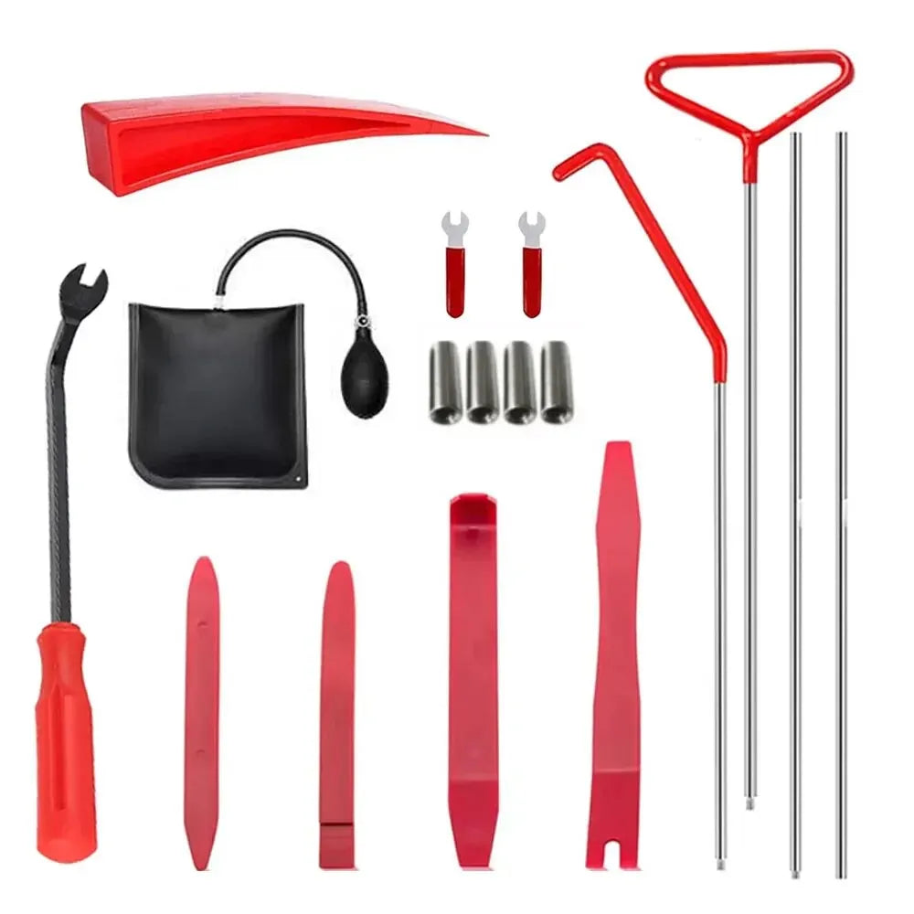 A set of emergency car door unlock tools including an air wedge, grabber, and various metal tools.