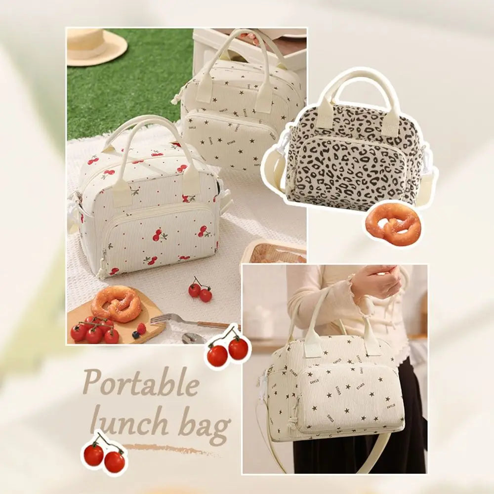Strawberry Corduroy Insulated Lunch Bag with Large Capacity