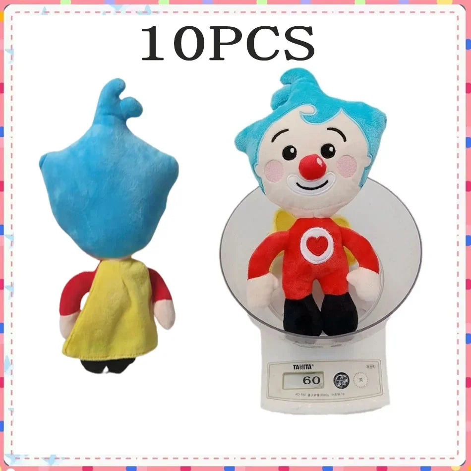 A 10-piece set of Kawaii Plim Clown plush toys featuring a blue character and a red clown doll.