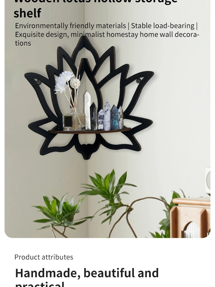 Handcrafted Lotus Wooden Wall Shelf with Cutout Design