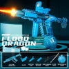 A blue electric water gun model with a realistic muzzle flame effect, displayed on a dark surface.
